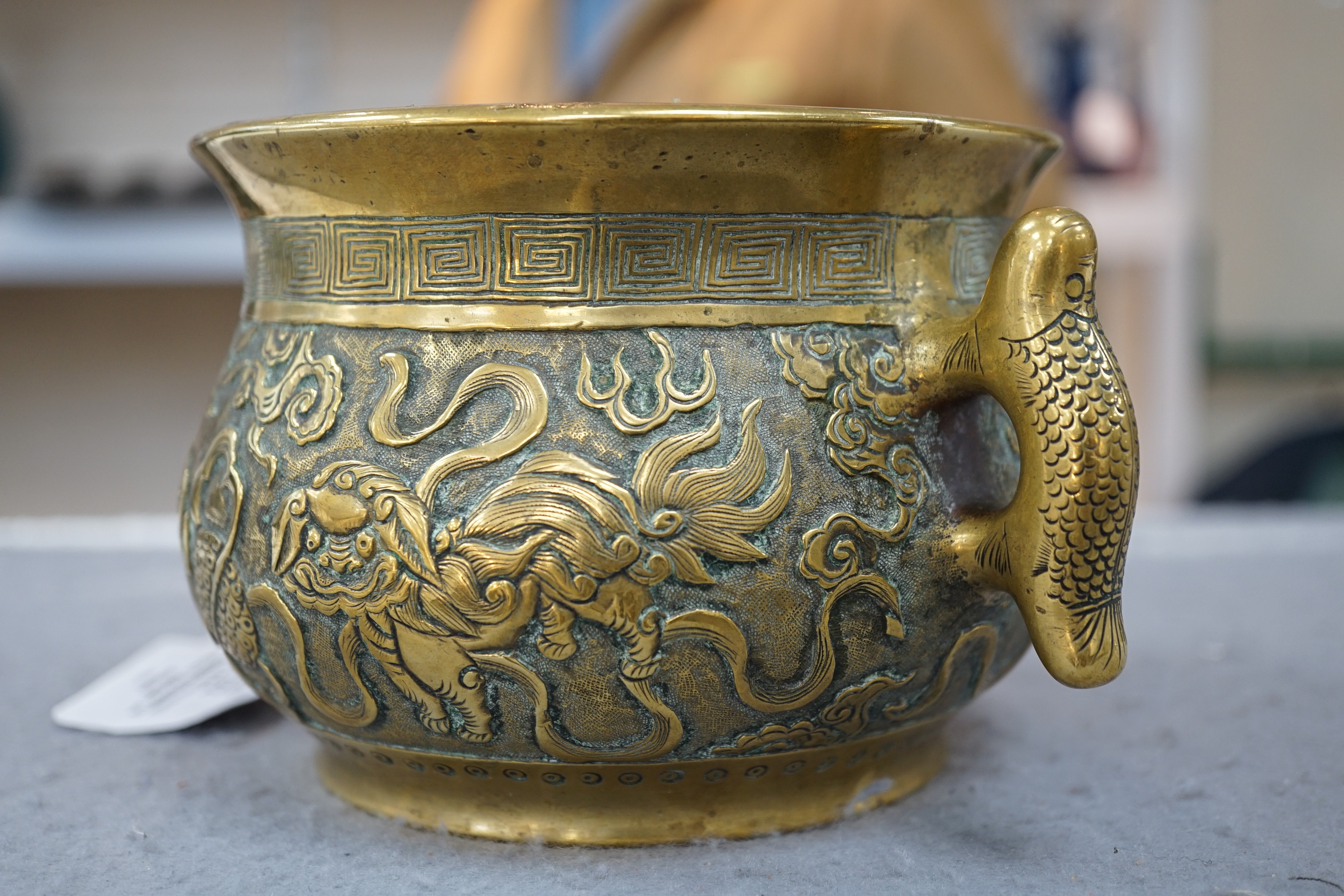 A Chinese polished bronze ‘Buddhist lion’ censer, gui, 19th century, 19.5cm wide, rim diameter 14cm